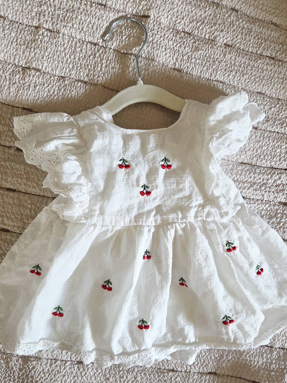 Little Me White Dress with Red Cherry Embroidery